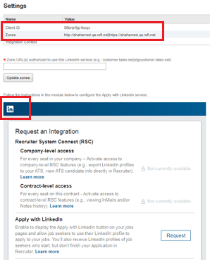 The image shows the Apply with Linked configuration with the Client ID, Zones and the LinkedIn widget highlighted.
