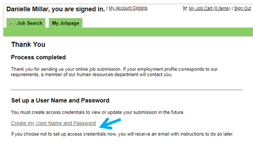 The image shows the Thank You page highlighting the Create my User Name and Password link.