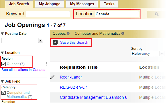Image showing the Faceted search in a career section.
