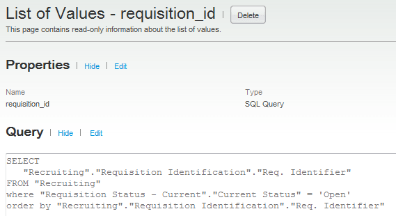 Image showing the List of Values page containing an example of a query.
