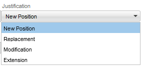 Image showing an example of a large selection with a drop-down. The selection Justification contains New Position, Replacement, Modification, Extension.