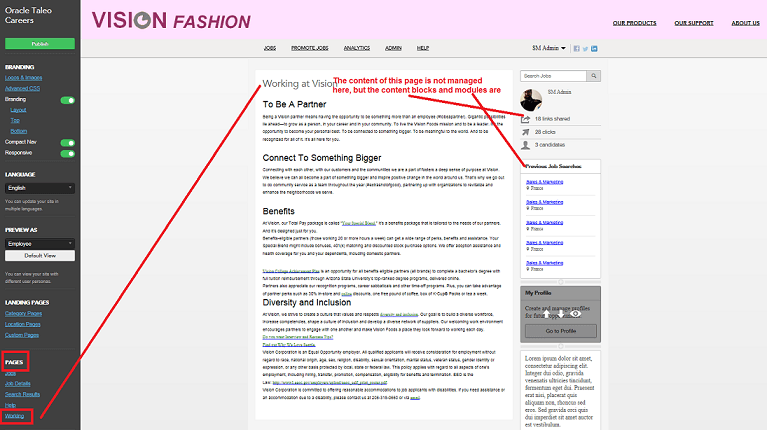 The image shows the Working at Vision Custom page within Site Builder to show how what a user enters in the Custom page configuration determines how that page displays in the site.