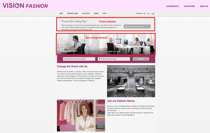This image is the first in a series of three that show the different modules that are displayed on a site’s Home page. The Promo and Hero Image modules are highlighted here.