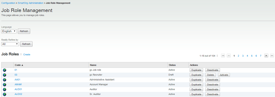 The image shows the Job Role Management page.