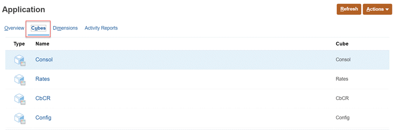 The Cubes tab displays the available cubes for the application