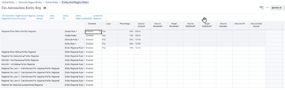 Tax Automation Global Regional screen, showing the other tabs: Domicile Rules, Entity Rules, and Entity and Regional Rules.