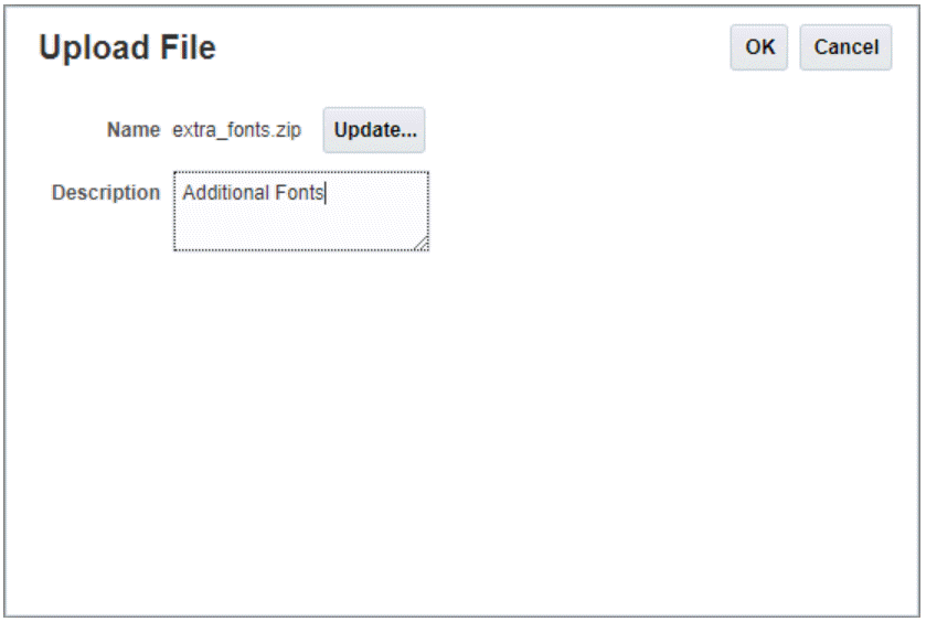 Upload file dialog showing an example of a zipped fonts file