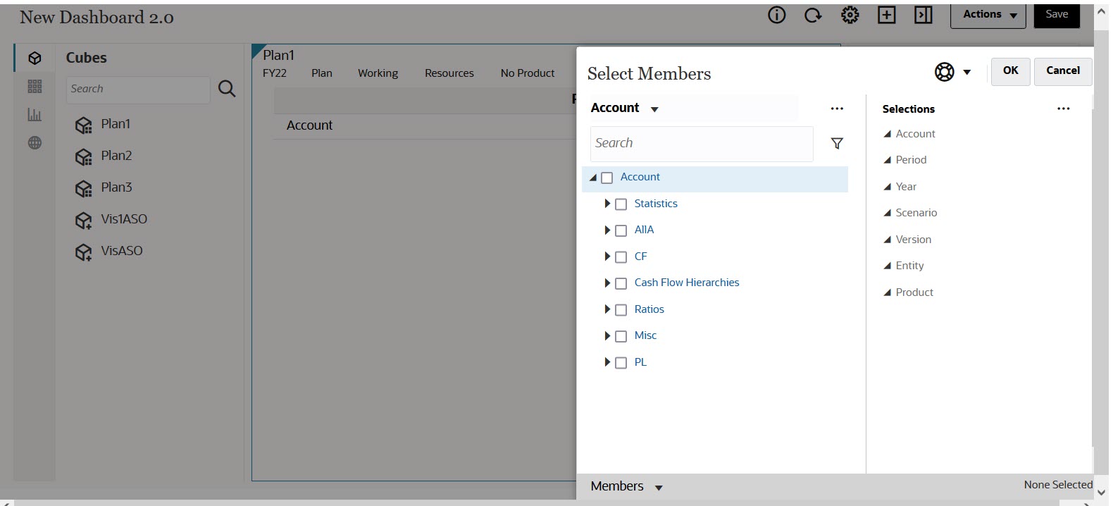 Using the member selector for quick analysis in dashboards 2.0
