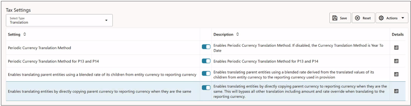 Tax Settings - Translation: Translating entities by directly copying parent currency to reporting currency