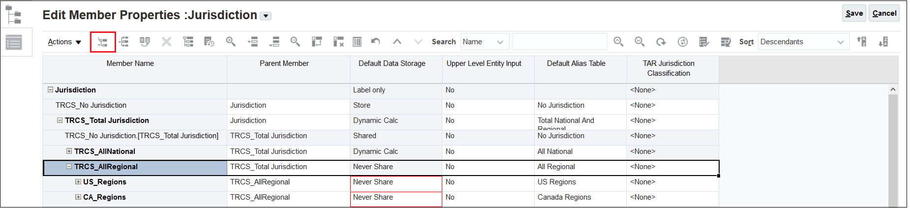 Jurisdiction screen with TRCS_AllRegional and the Add Chilld button selected