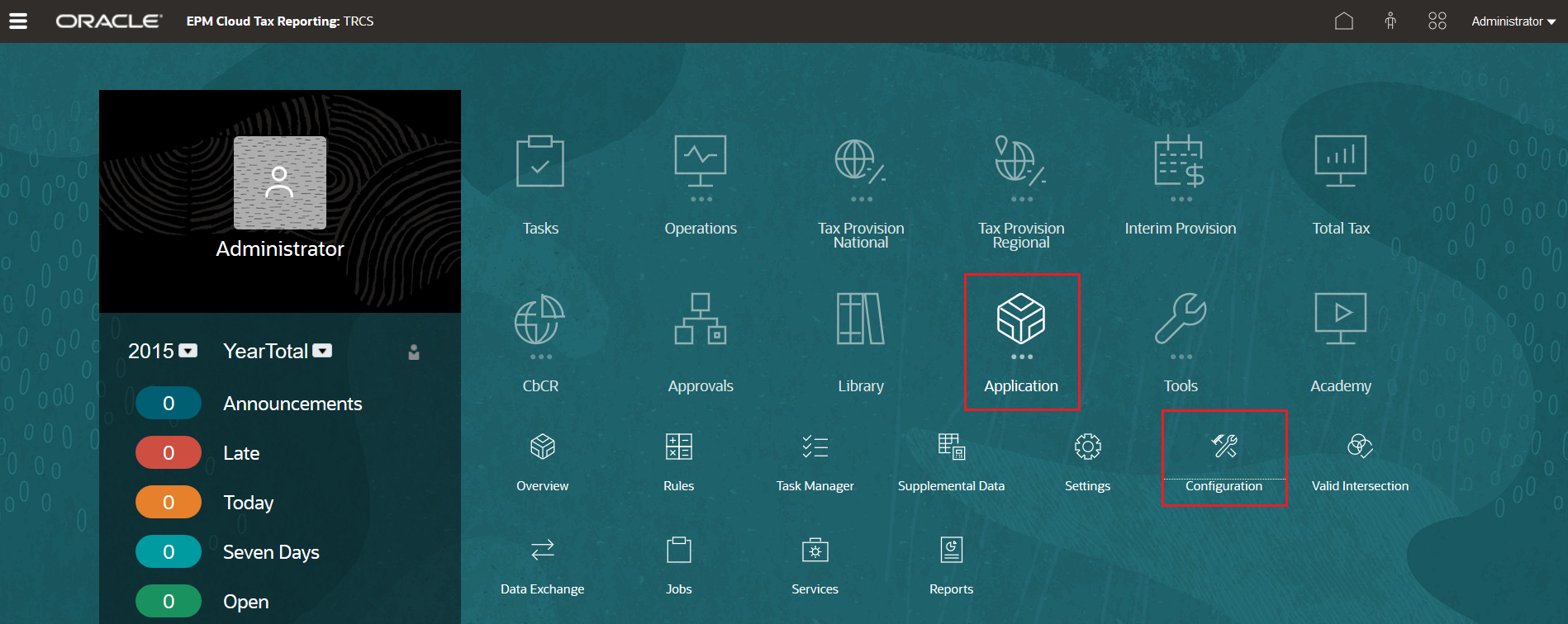 Tax Reporting Home page with Application and Configuration selected