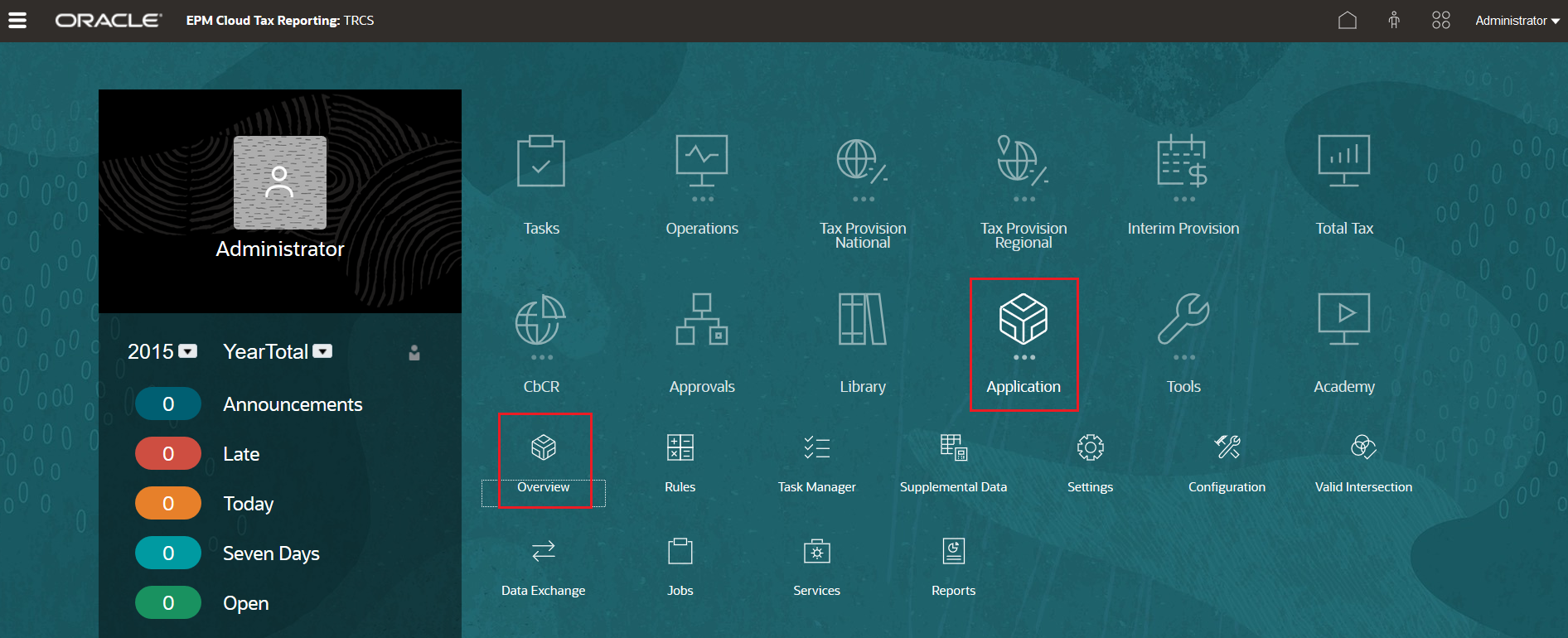 Tax Reporting Home page with Application and Overview selected