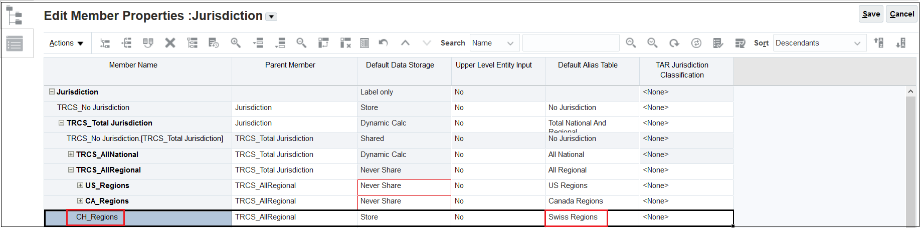 Jurisdiction screen with CH_Regions entered for the Member Name and Swiss Regions for the Default Table Alias