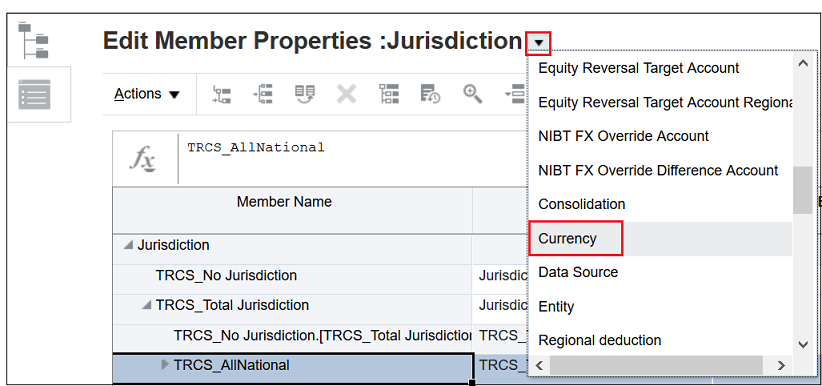 Drop down menu next to Jurisdiction opened with Currency selected in the drop down menu