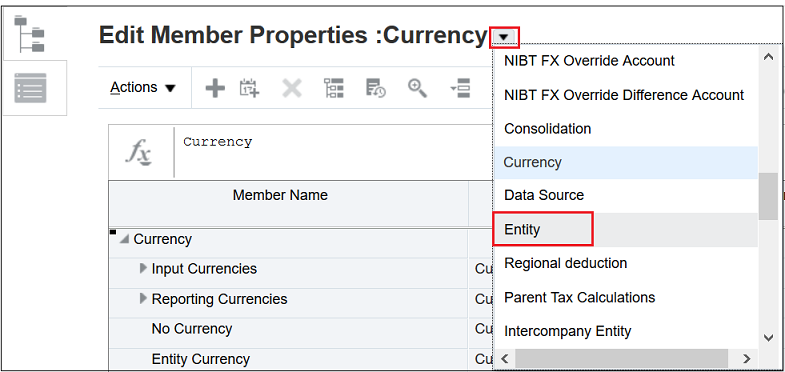 Arrow next to Currency expanded with Entity selected in the drop down menu