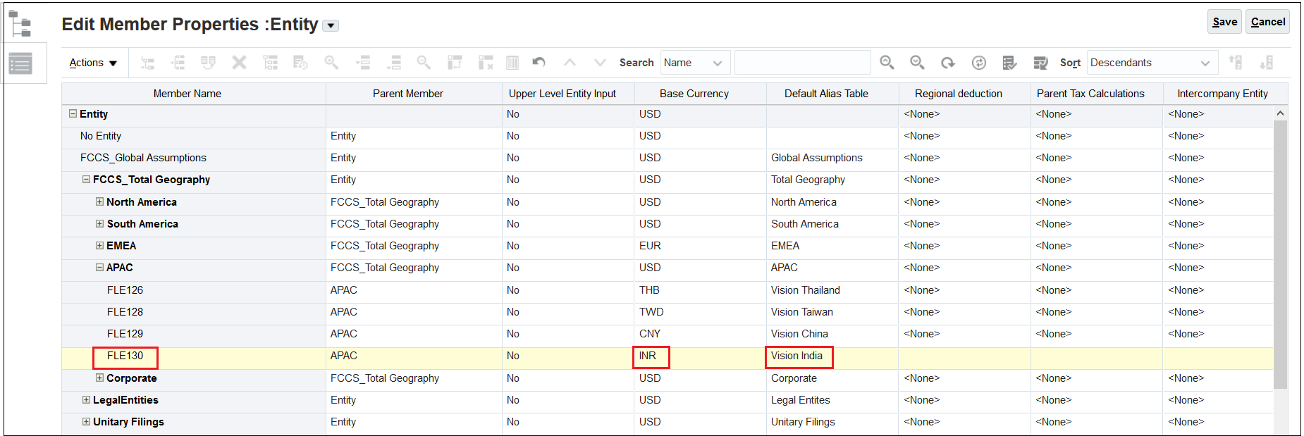 Entity screen with FLE130 entered for the Member Name, Visiion India entered for the Default Table Alias, and INR entered for the Base Currency