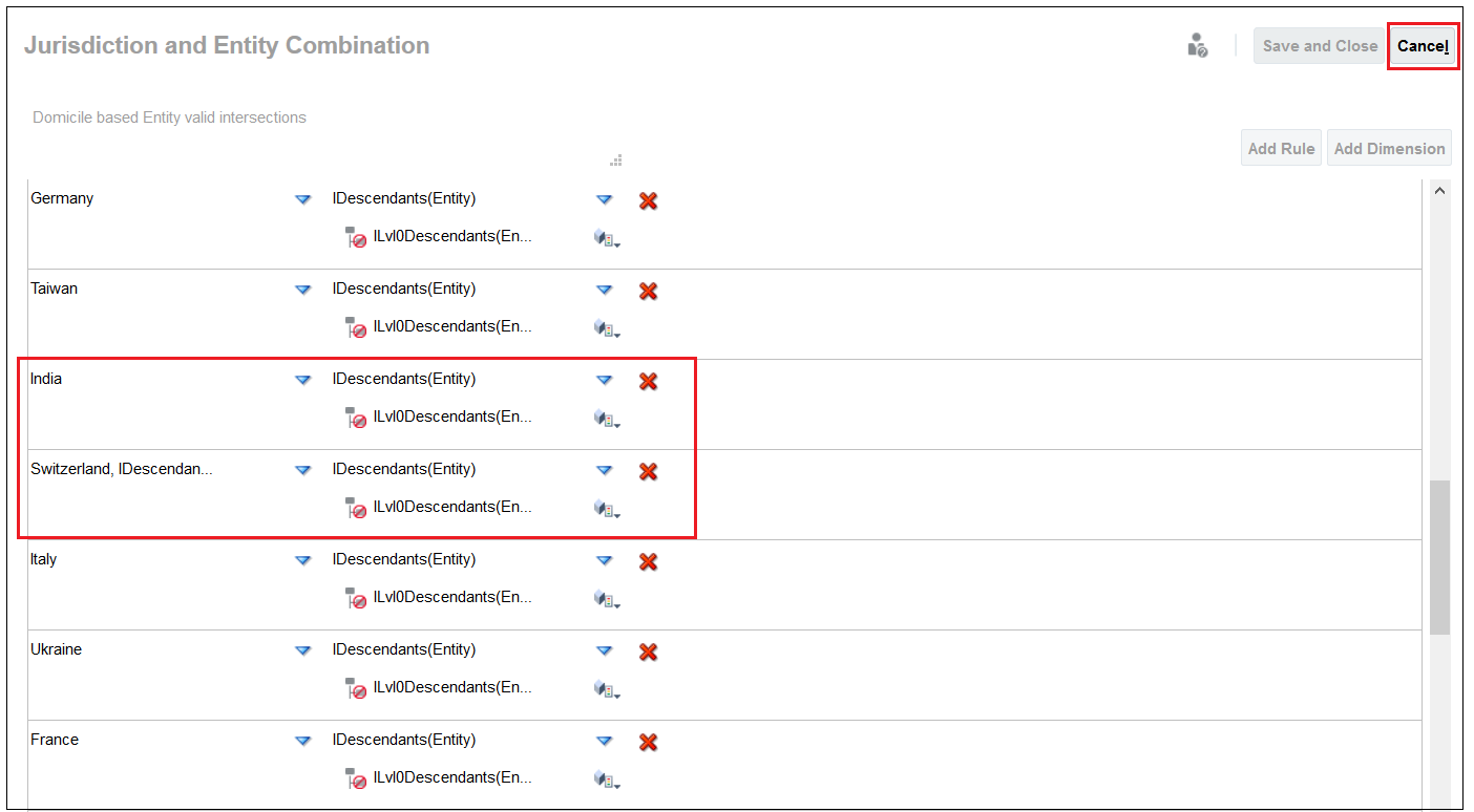 Jurisdiction and Entity Combination screen with India and Switzerland selected