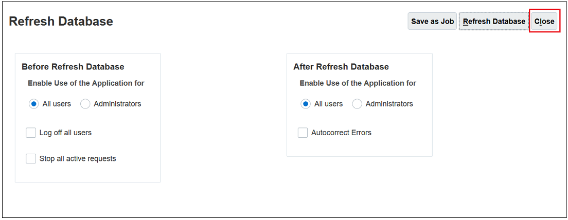 Refresh Database dialog box with Close selected