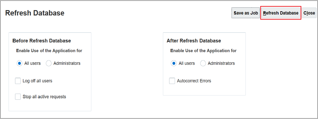 Refresh Database dialog box with Refresh Database selected