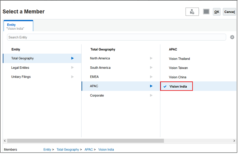 Select a Member dialog box with Vision India selected