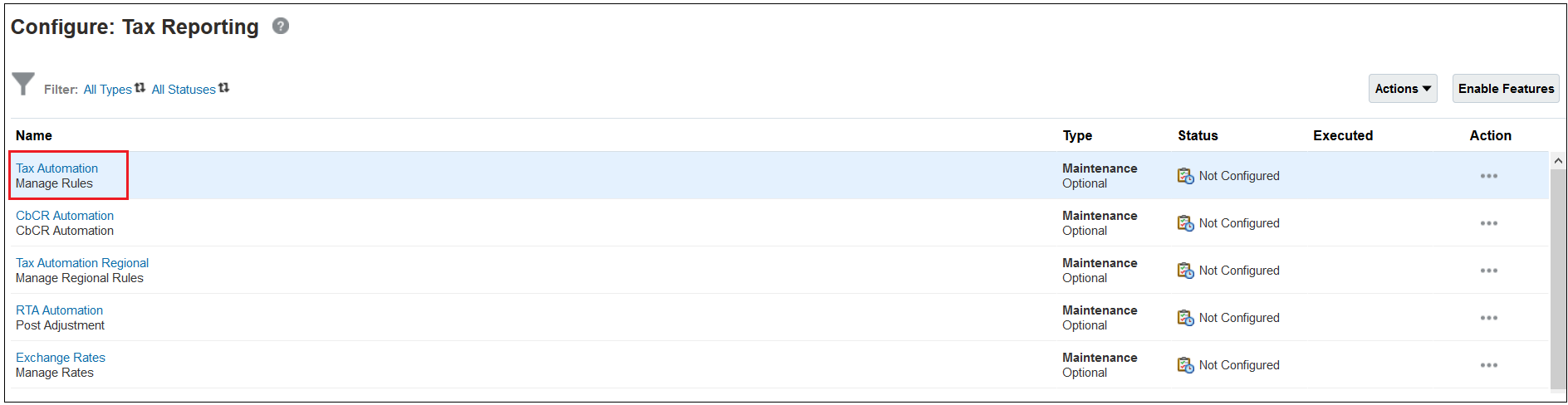 Configure Tax Reporting page with Tax Automation selected