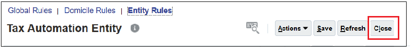 Tax Automation Entity screen with Close selected