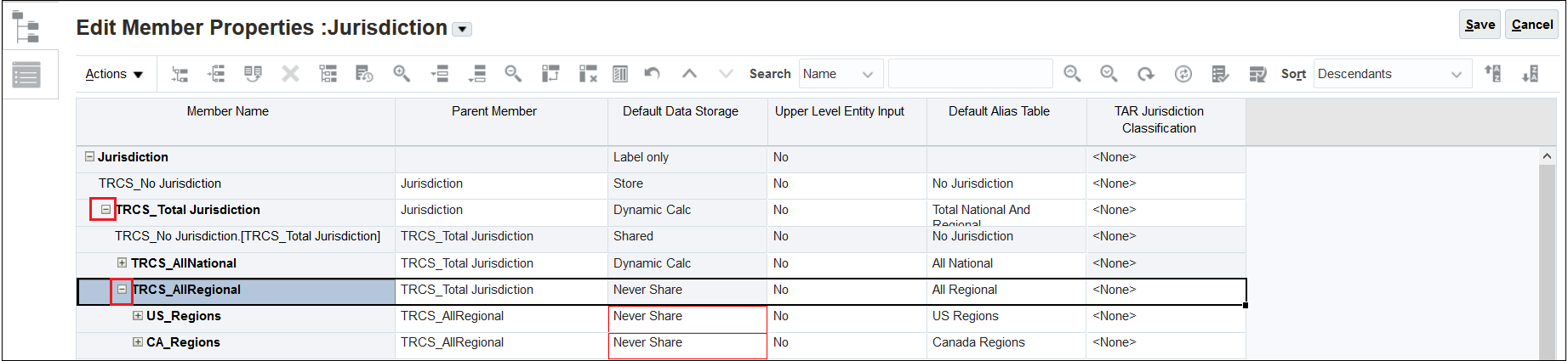 Jurisdiction screen with with TRCS_total Jurisdiction and TRCS_AllRegional selected