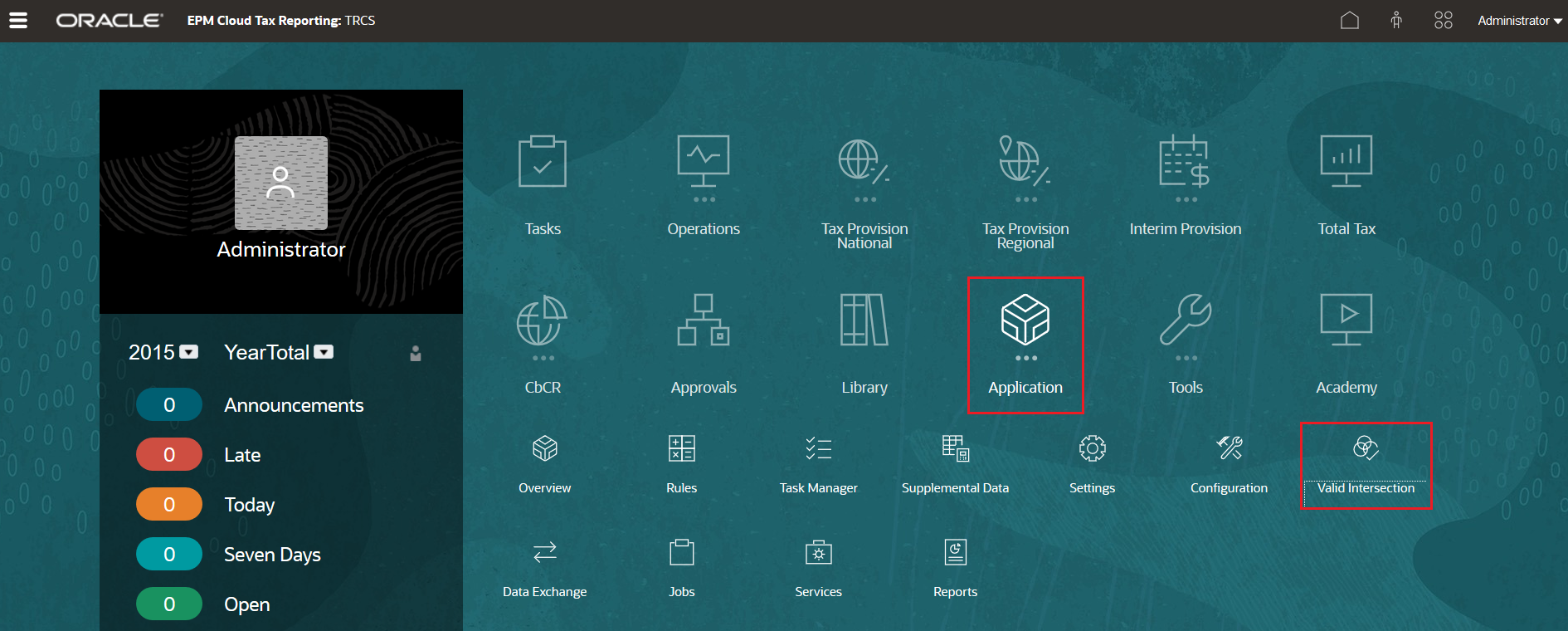 Tax Reporting Home page with Application and Valid Intersection selected