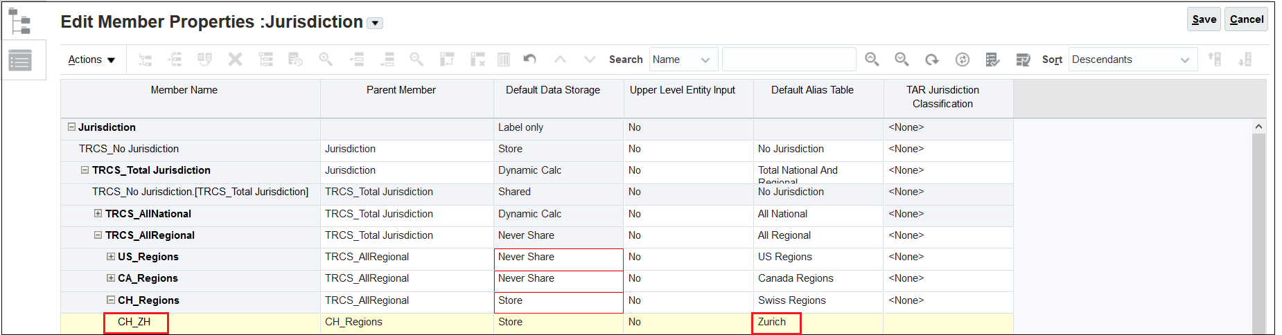 Jurisdiction screen with CH_ZH entered for the Member name and Zurich entered for the Default Table Alias