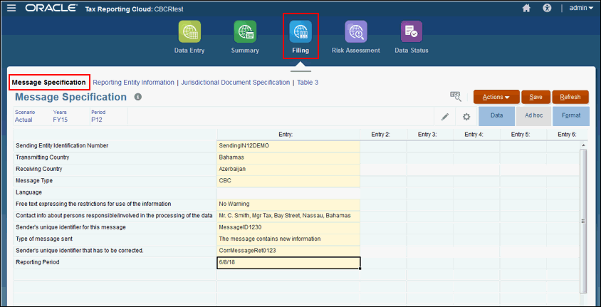 Message Specification screen