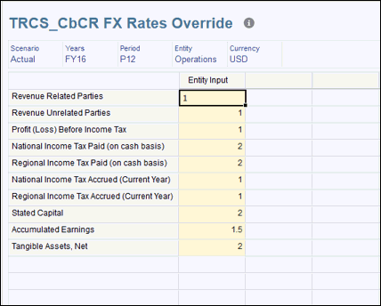 Enter the appropriate FX rates on the TRCS CbCR FX Rates Override form.