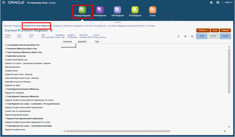 The Regional Current Provision screen