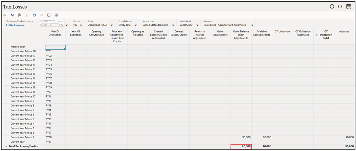 Adding values in Other Balance Sheet Adjustments in the Tax Losses form