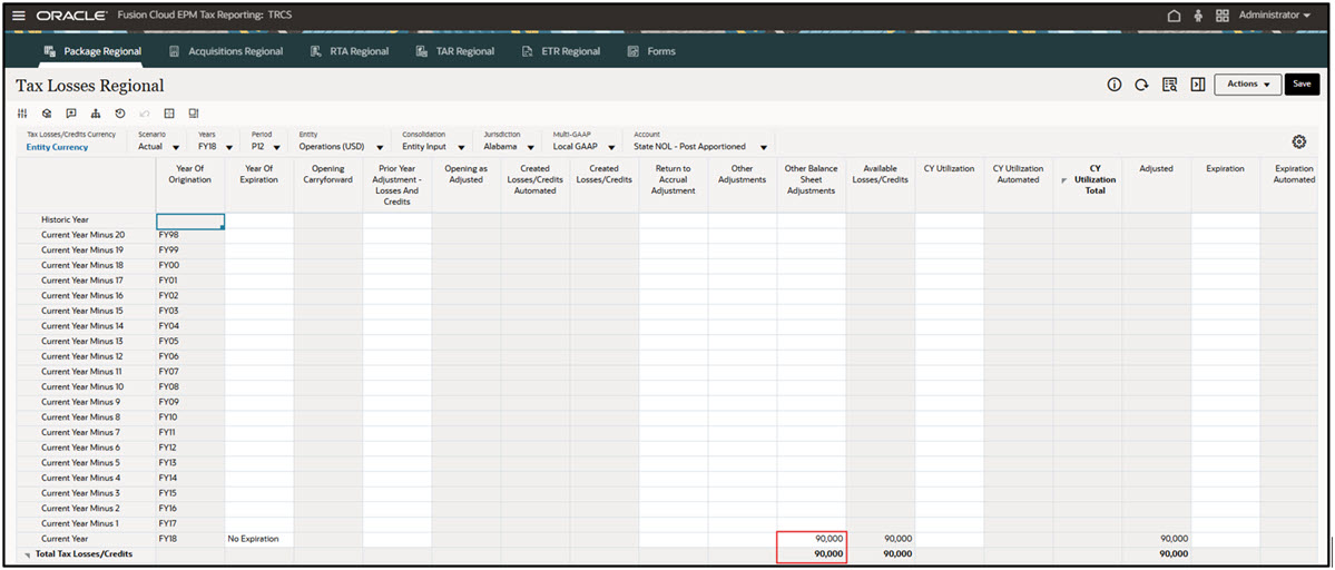 Adding values in Other Balance Sheet Adjustments in the Tax Losses Regional form