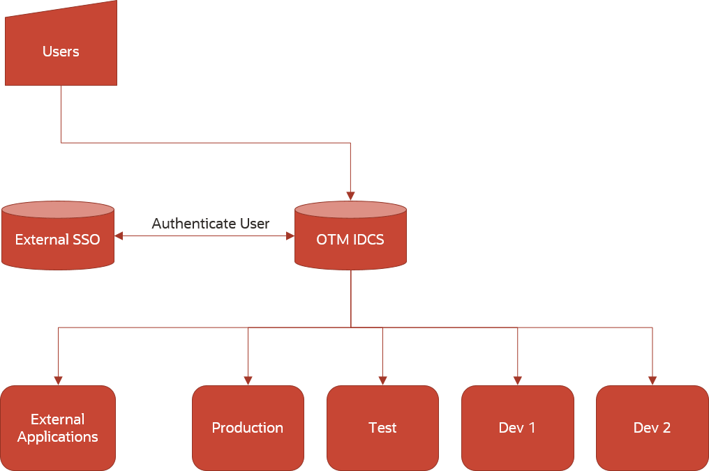 A flow diagram showing a user connecting with OTM IDCS and then an External SSO. The External SSO authenticates users and communicates that back to the OTM IDCS. The OTM IDCS then connects to external applications, production, test, and Dev1 and Dev 2 instances.