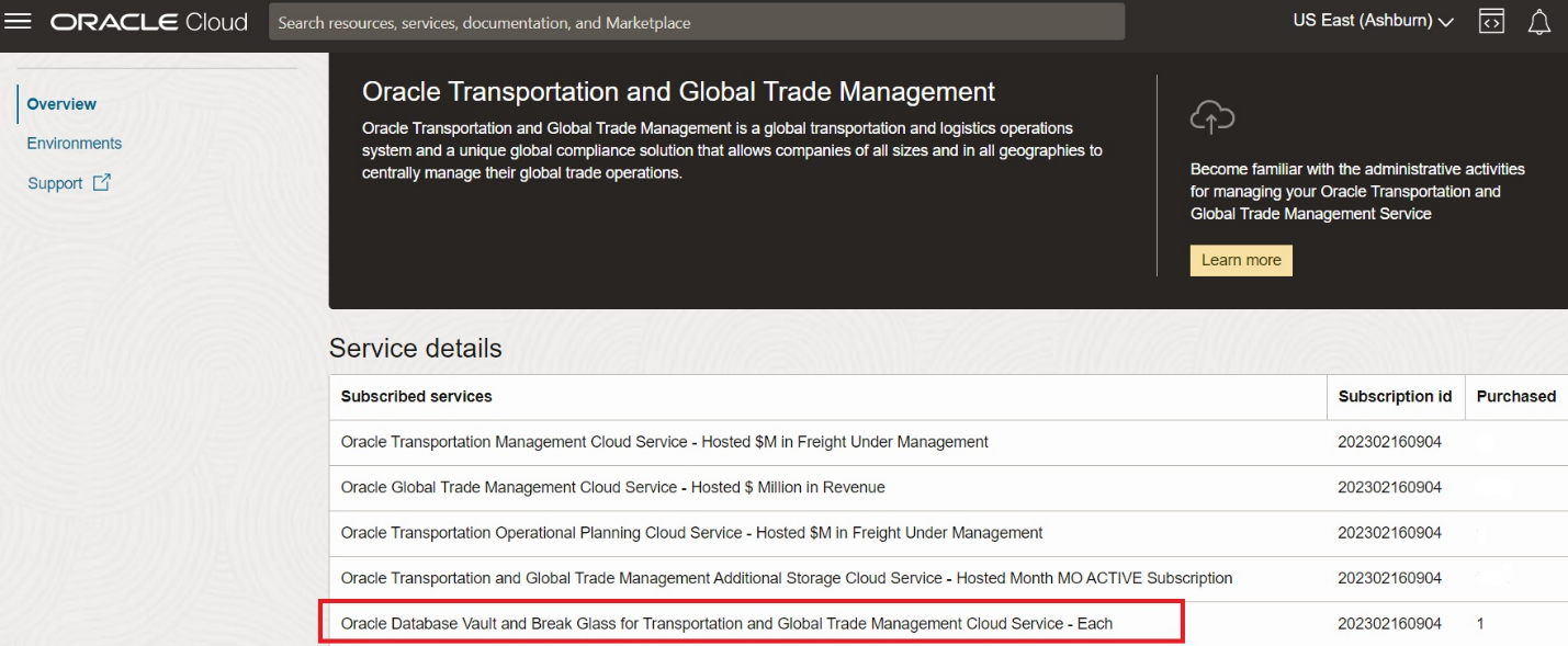 A screen showing Oracle Cloud service details. "Oracle Database Vault and Break Glass for Transportation and Global Trade Management Cloud Service - Each" is highlighted.