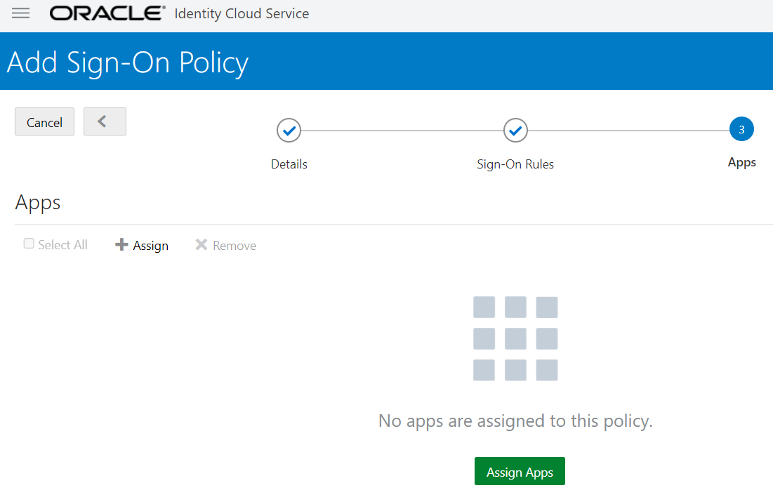 A screen showing the final steps of adding a sign-on policy. The Assign Apps button is the next step.