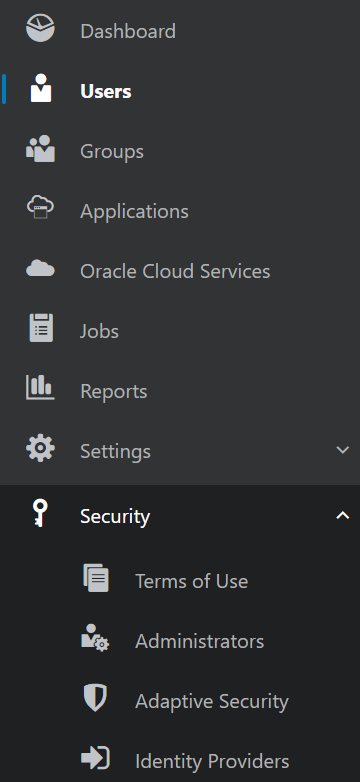 The Oracle Cloud Classic (OCI) user interface. A menu with the Security option expanded, showing Identity Providers as an option.