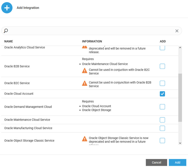 A dialogue box called "Add Integration" showing several check boxes. The Oracle Cloud Account check box is selected.