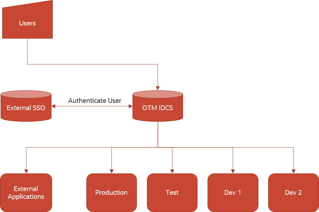 A flow diagram showing a user connecting with OTM IDCS and then an External SSO. The External SSO authenticates users and communicates that back to the OTM IDCS. The OTM IDCS then connects to external applications, production, test, and Dev1 and Dev 2 instances.