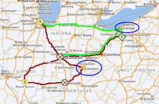 A map of the American midwest with routes tracked from Chicago, Indianapolis, mount Vernon, Louisville, Cincinnati, and Cleveland. Cleveland and Cincinnati are circled.