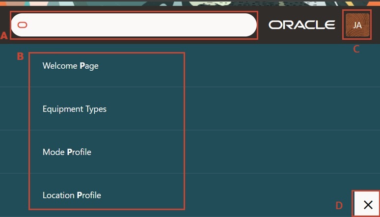 Screen shot of the Ask Oracle landing page with the Ask Oracle search, Suggestions list, User Profile, and Close Ask Oracle areas highlighted. Explanations for each area are included in the following table. Screen shot of the Ask Oracle landing page with the Ask Oracle search, Suggestions list, User Profile, and Close Ask Oracle areas highlighted. Explanations for each area are included in the following table.