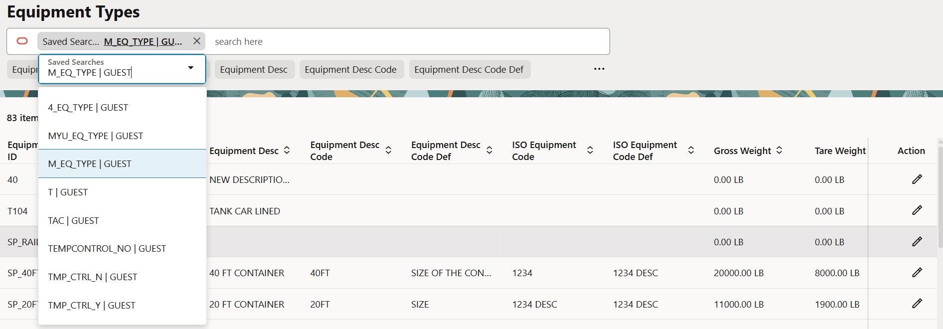 An image of the Smart Search and results for Equipment Types with the Saved Search drop-down list. An image of the Smart Search and results for Equipment Types with the Saved Search drop-down list.