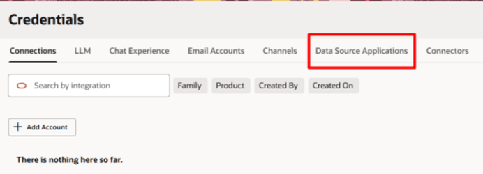 This image is a screen shot of the AI Agent Studio Credentials screen with the Data Source Applications tab highlighted by a red box.