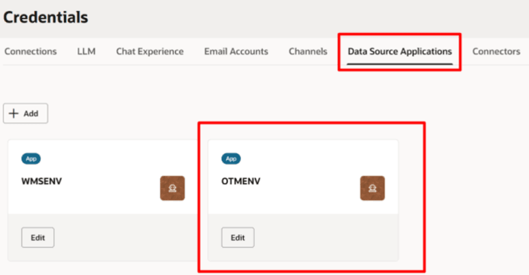 This image is a screen shot of the new OTMENV data source shown on the Data Source Applications tab and highlighted in red.
