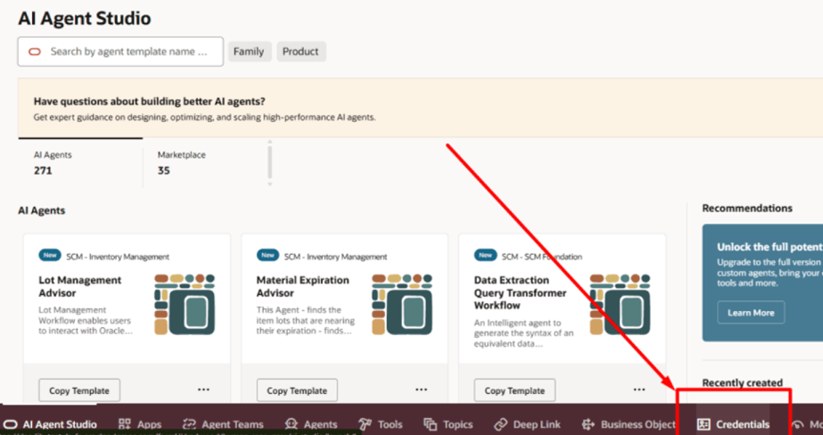 This image is a screen shot of AI Agent Studio with the Credentials tab highlighted by a red box and a red arrow.