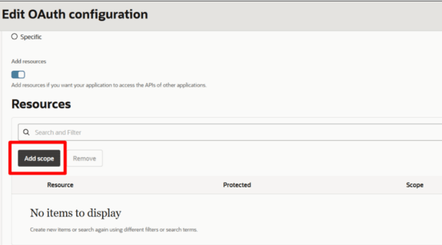 This image is a screen shot showing the Add scope button highlighted by a red box.