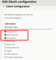 This image is a screen shot that shows the Client configuration section of the Edit OAuth configuration screen with the Configure this application as a client now option selected and the following Allowed grant types selected in the Authorization section: Resource owner, Client credentials, and JWT assertion.