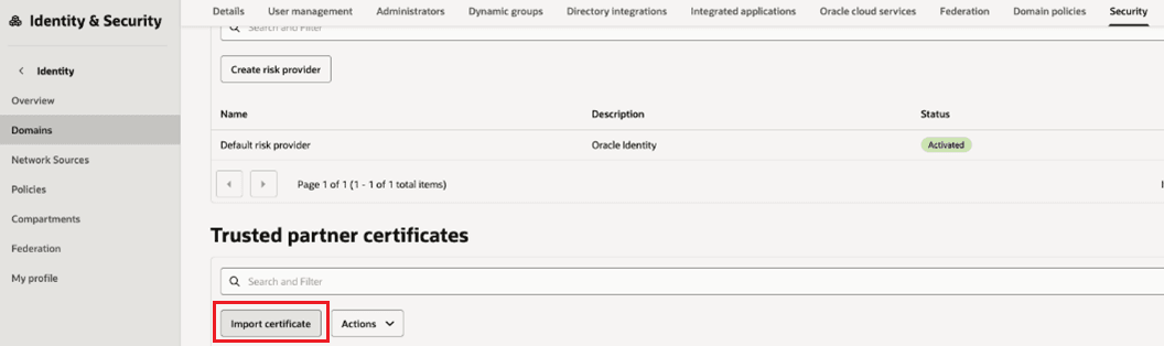 The image shows a screen shot of the Security tab of the default domain. The Import certificate button is highlighted in red.