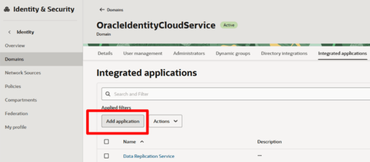 This is a screen shot of the OracleIdentityCloudService domains page with the Integrated applications tab selected. On the Integrated applications tab, the Add applications button highlight with a red box.